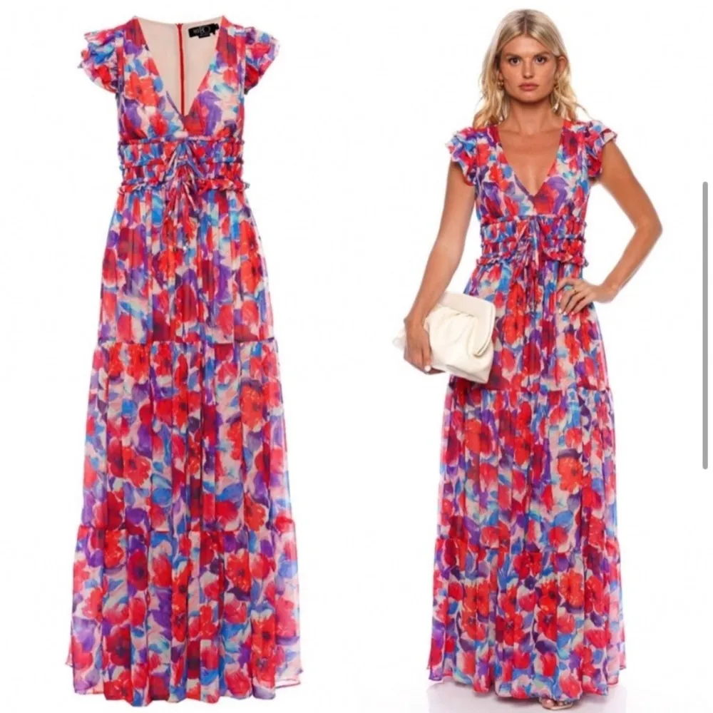 PatBO Violet V Neck Flutter Sleeve Maxi Dress in Size 0 NWT Cherry Maxi Ties New Red - Image 4