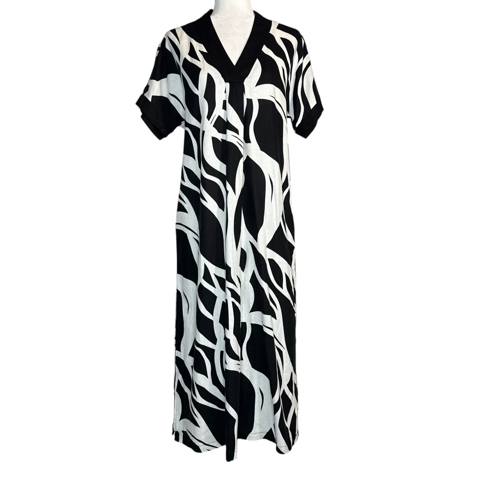 NWOT Rachel Zoe Linen Maxi Dress S Kaftan Black White Abstract Print Pockets‎ - Image 3