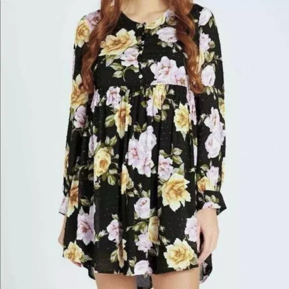 Altar’d State Dress Swiss Dot Mini Babydoll Black Floral Long Sleeve M Brunch - Image 2