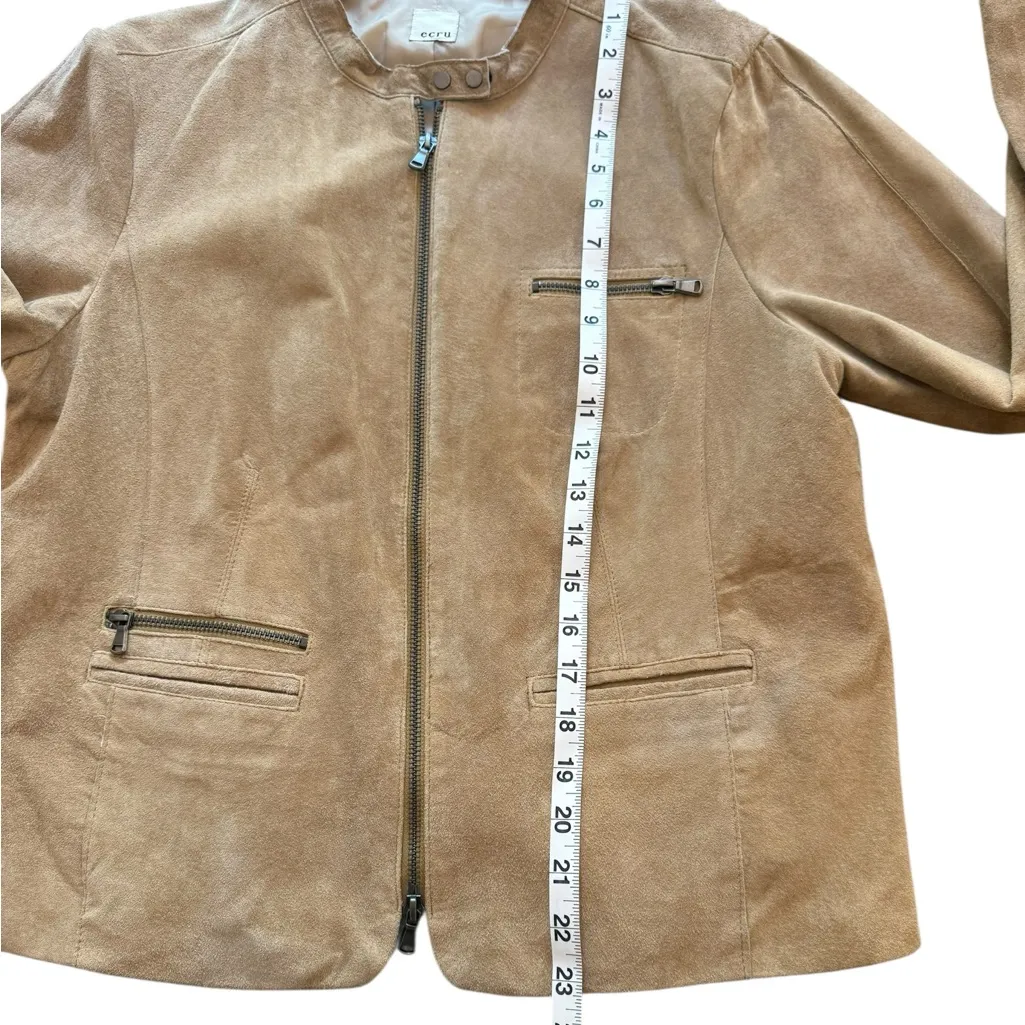 ECRU Suede Tan Collarless Moto Zip Up Jacket Zippered Pockets & Sleeves Size XL - Image 14