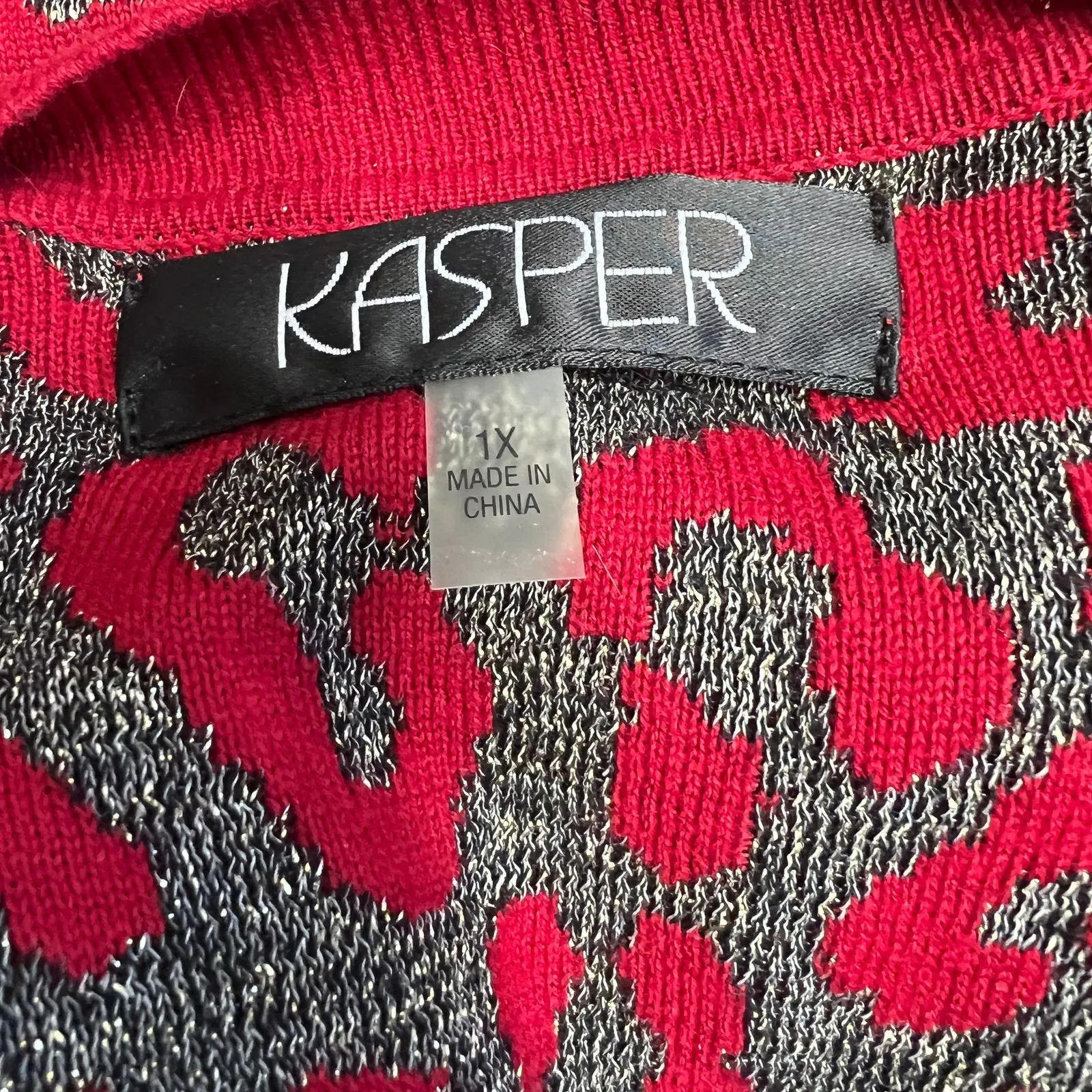 Kasper Open Front Tunic Cardigan Sweater Size 1X Red Silver Metallic Leopard - Image 3
