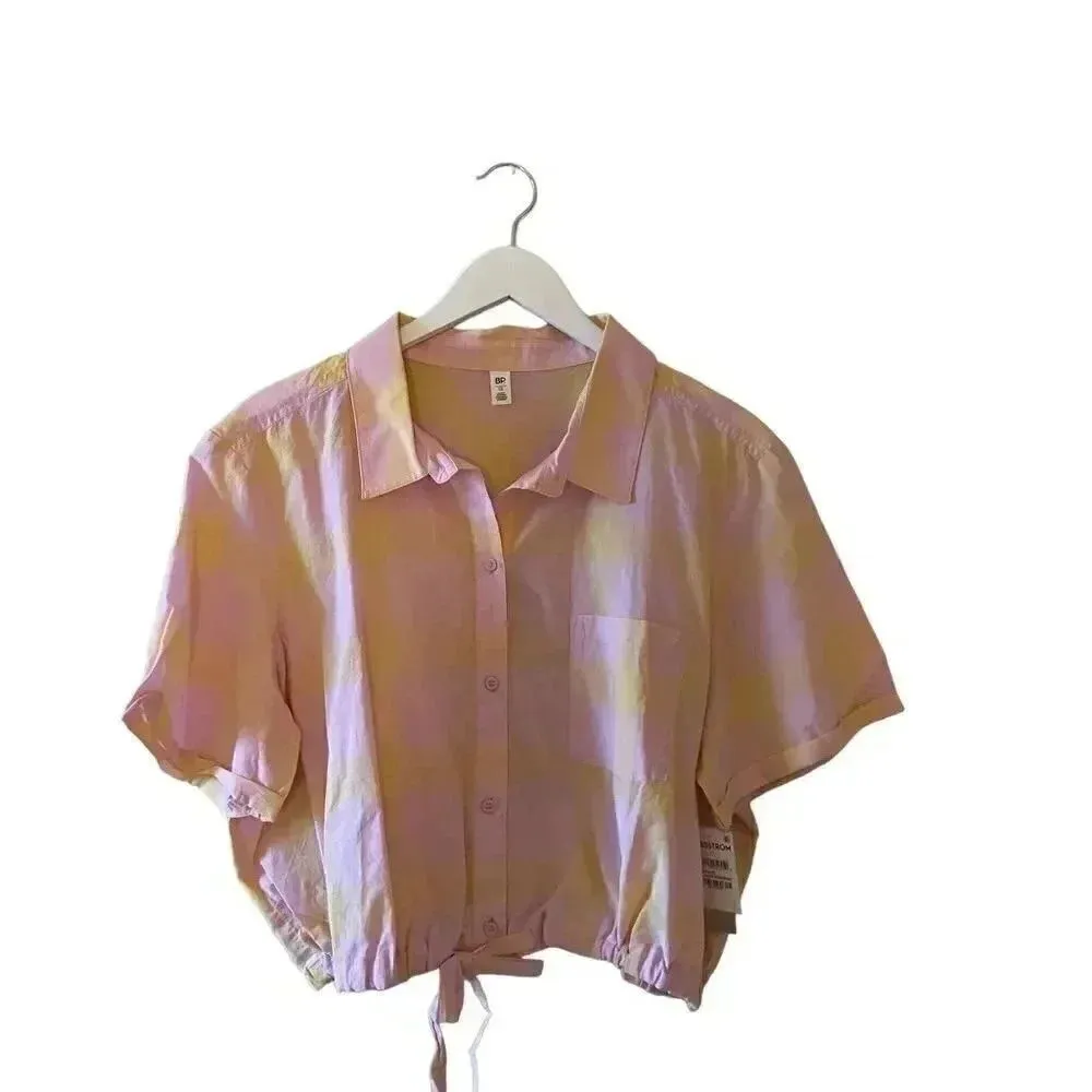 BP Window Pane Crop Boxy Pink Yellow Button-Up Shirt SZ 1X - Image 3