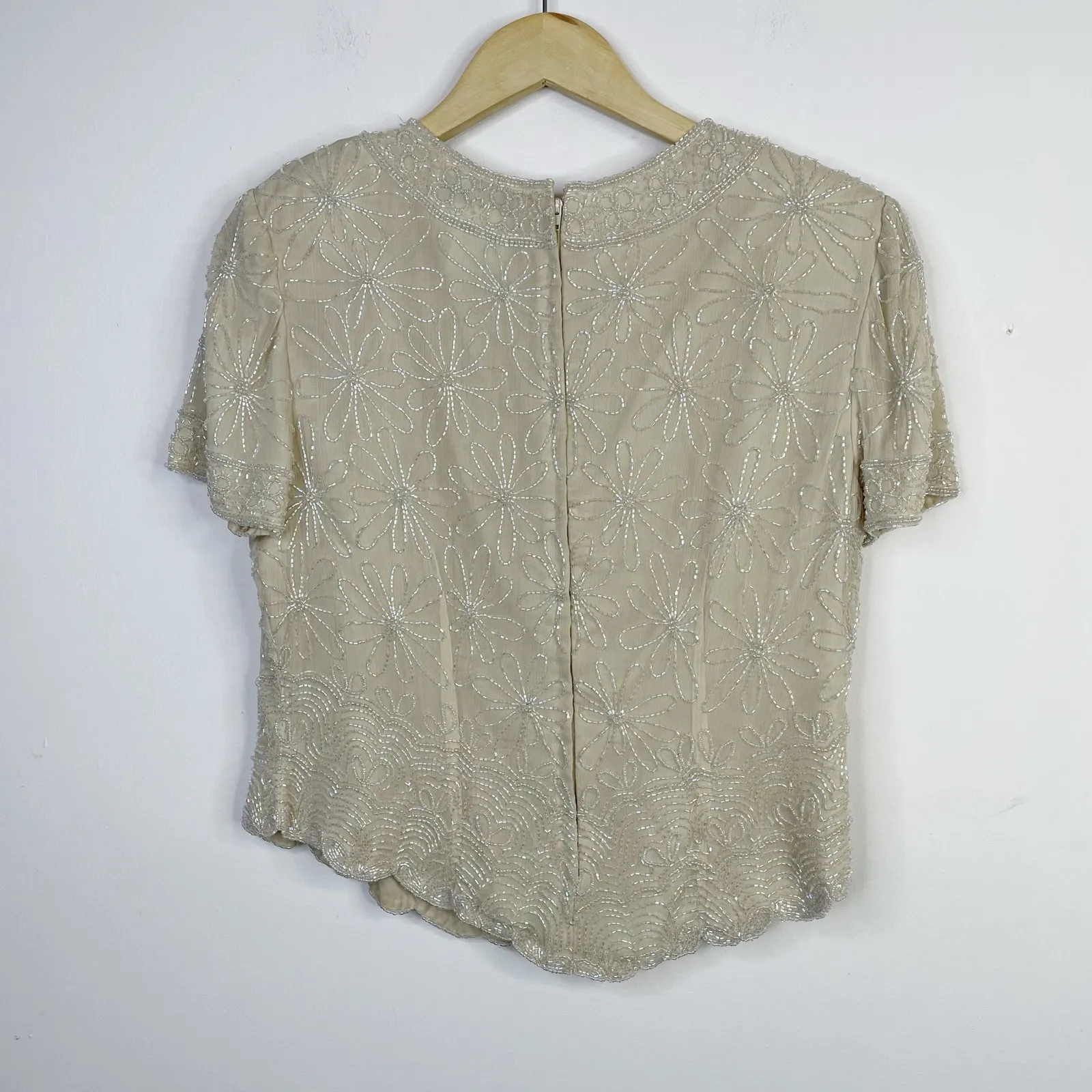 Vintage Papell Boutiqe Cream Silk Beaded Flower Art Deco Glam Blouse Top 14P M L - Image 9