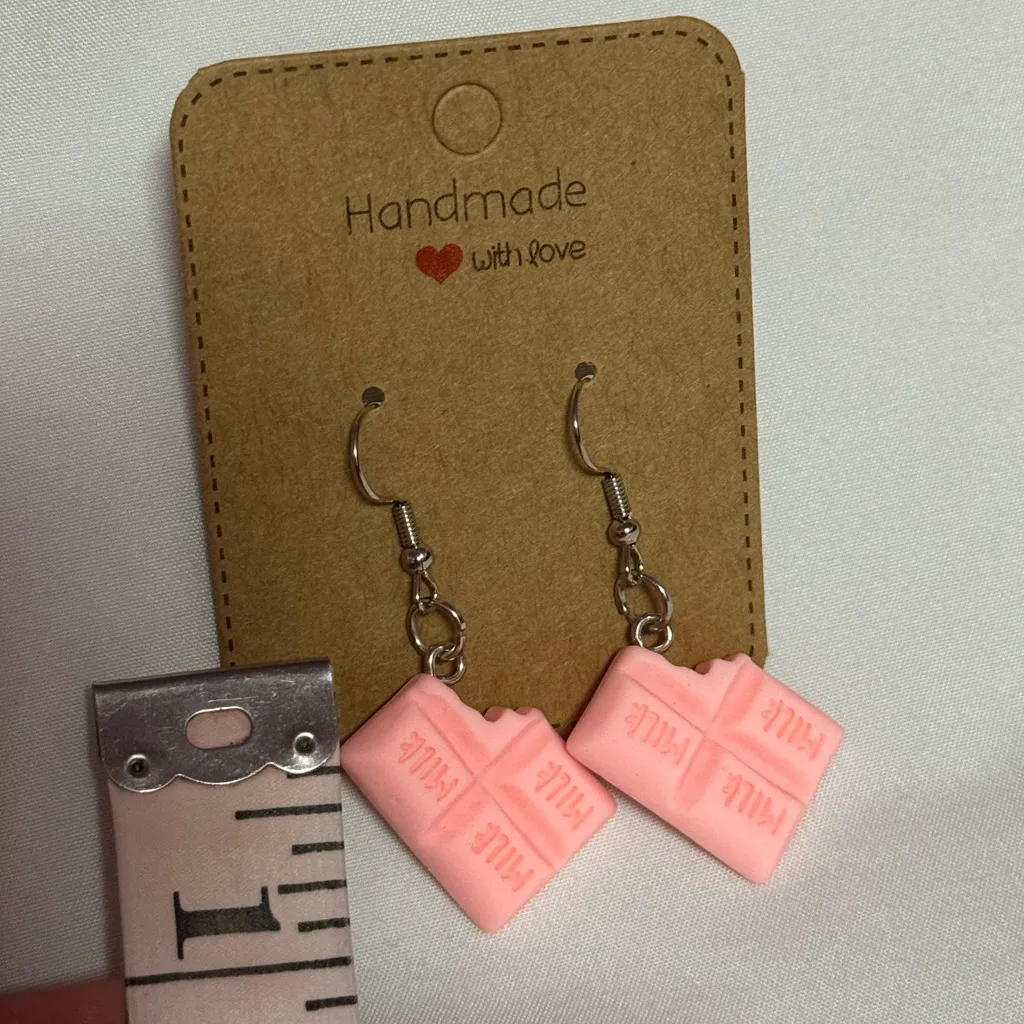 Handmade Strawberry Chocolate Bar Earrings Pink - Image 2
