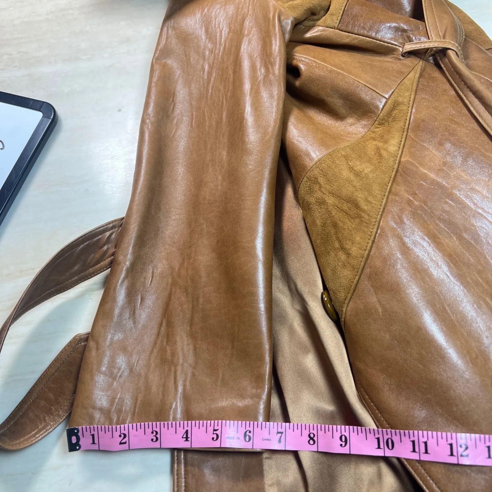 Vintage 70s Skin Gear Napa Ante Leather Trench Coat S Patchwork Tan Brown - Image 14