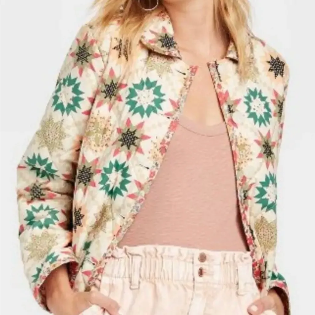 UNIVERSAL THREAD CREAM STAR PRINTED QUILTED PATTERN PATCHWORK JACKET COAT NWT - Image 2