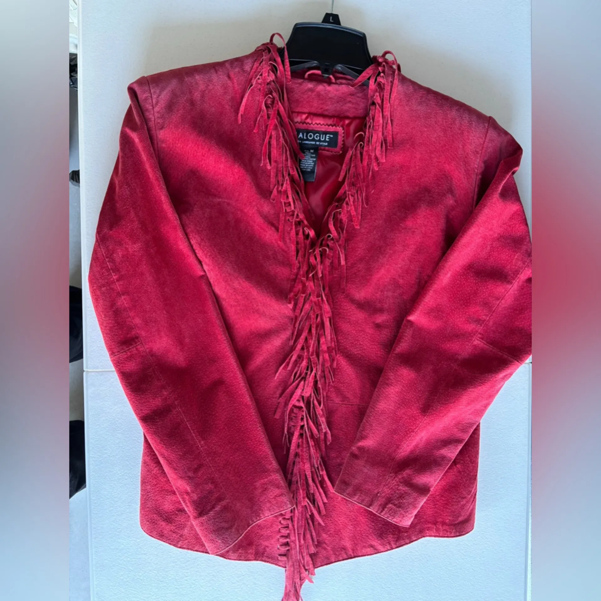 RARE DIALOGUE Washable Leather Fully Lined Jacket w/ Fringe RED sz Medium - Image 4