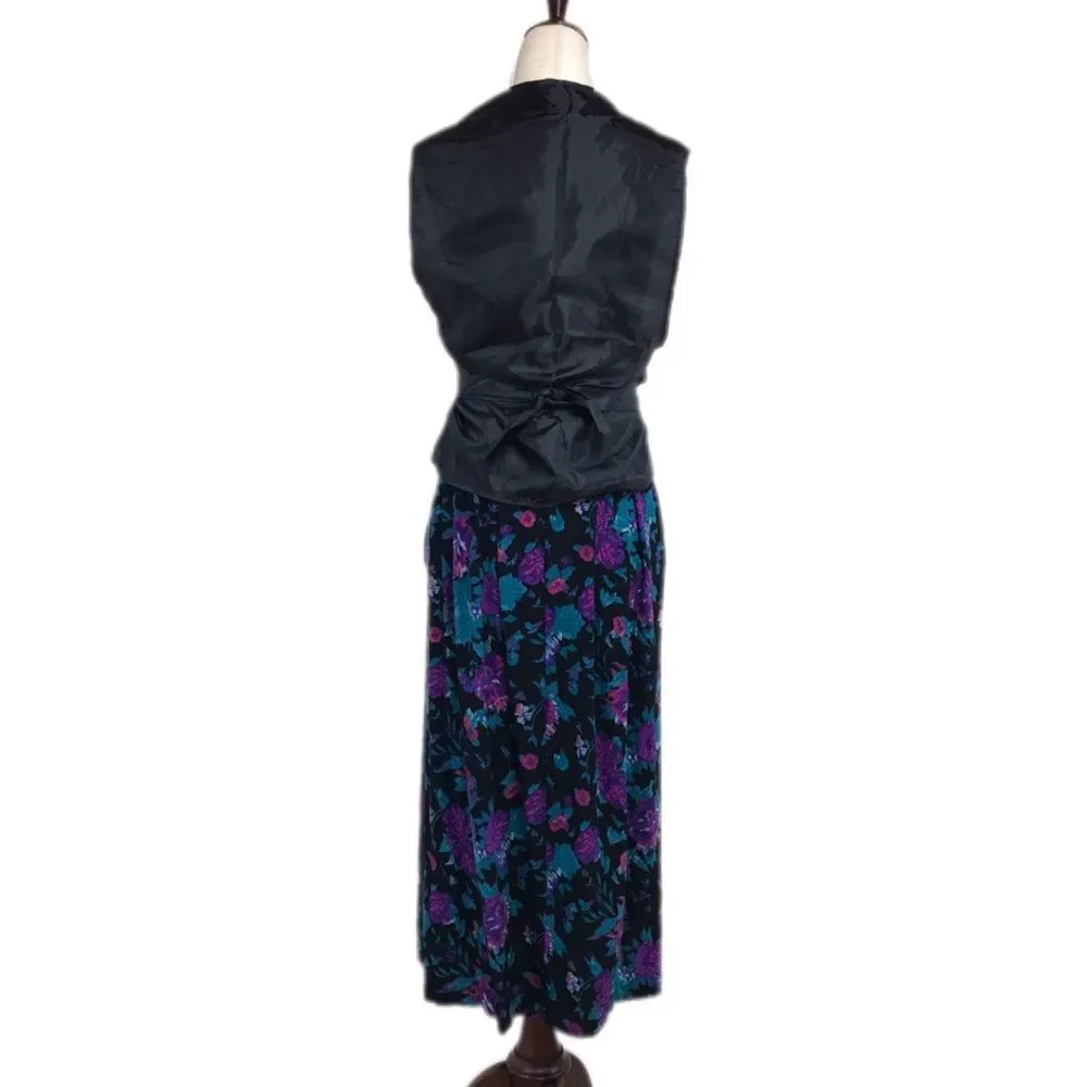VINTAGE 80s 90s Matching Vest Skirt Outfit Dress‎ Floral Purple Teal Size Large - Image 3
