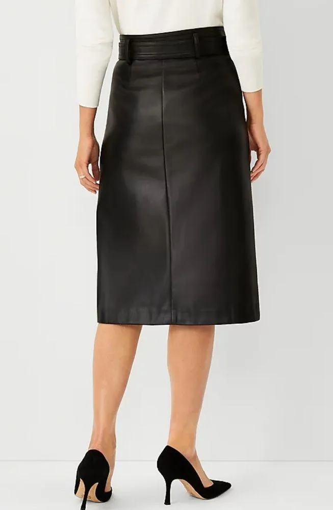 Ann Taylor Women’s Sz 10 Faux Leather Belted Button Front Skirt Black - Image 8