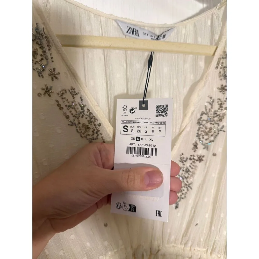 Zara Beaded Mini Beach Cover Up Swimsuit Dress Cream White Sheer - Image 10