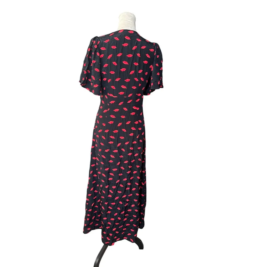 A New Day Black & Red Lip Print V-Neck Midi Dress Size 6 - Image 2