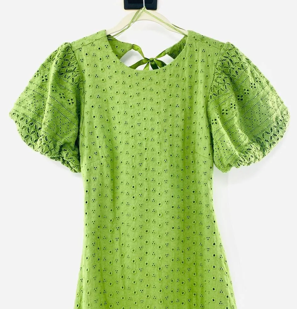 NEW Free People Apricot Eyelet Green Puff Sleeve Open Tie Back Mini Dress XS - Image 5