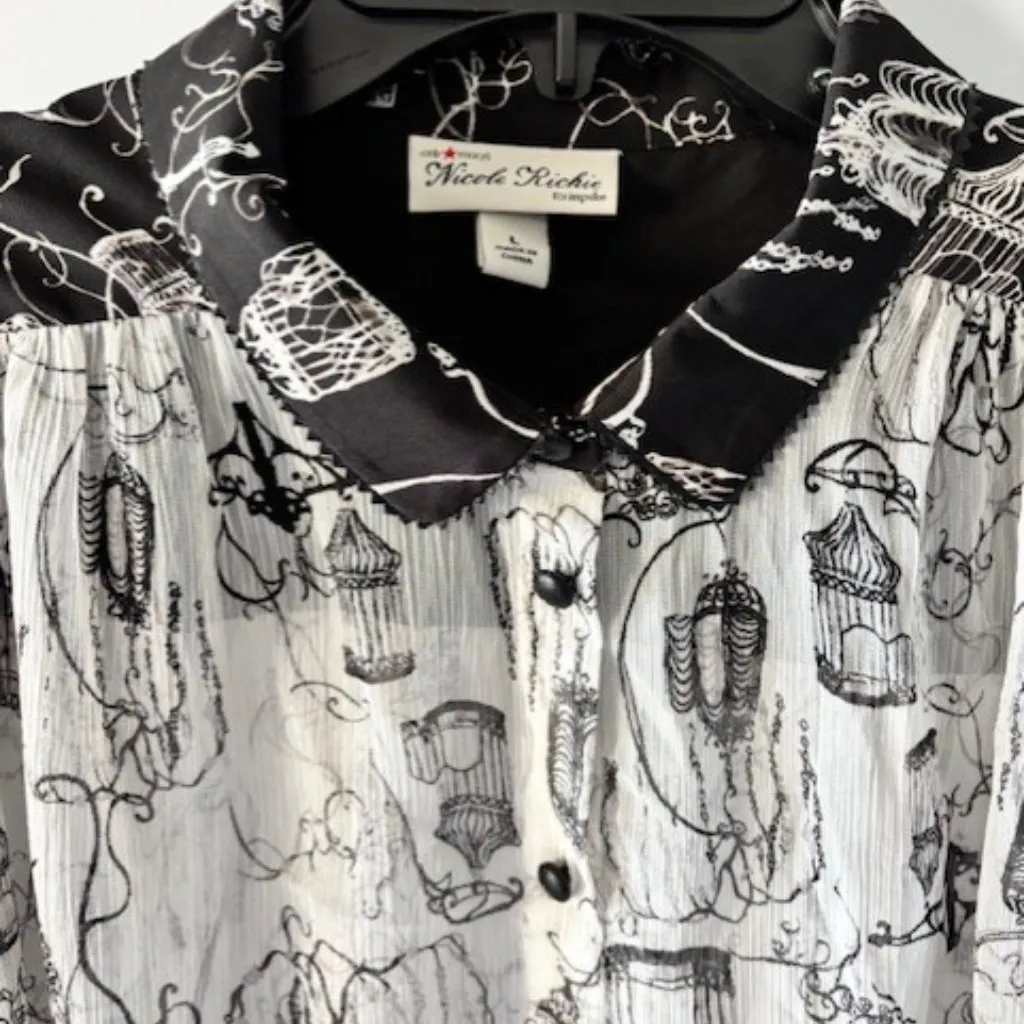 Nicole Richie Impulse L Sheer Black White Whimsical Bishop Blouse Boho Chic NWT Size L - Image 2