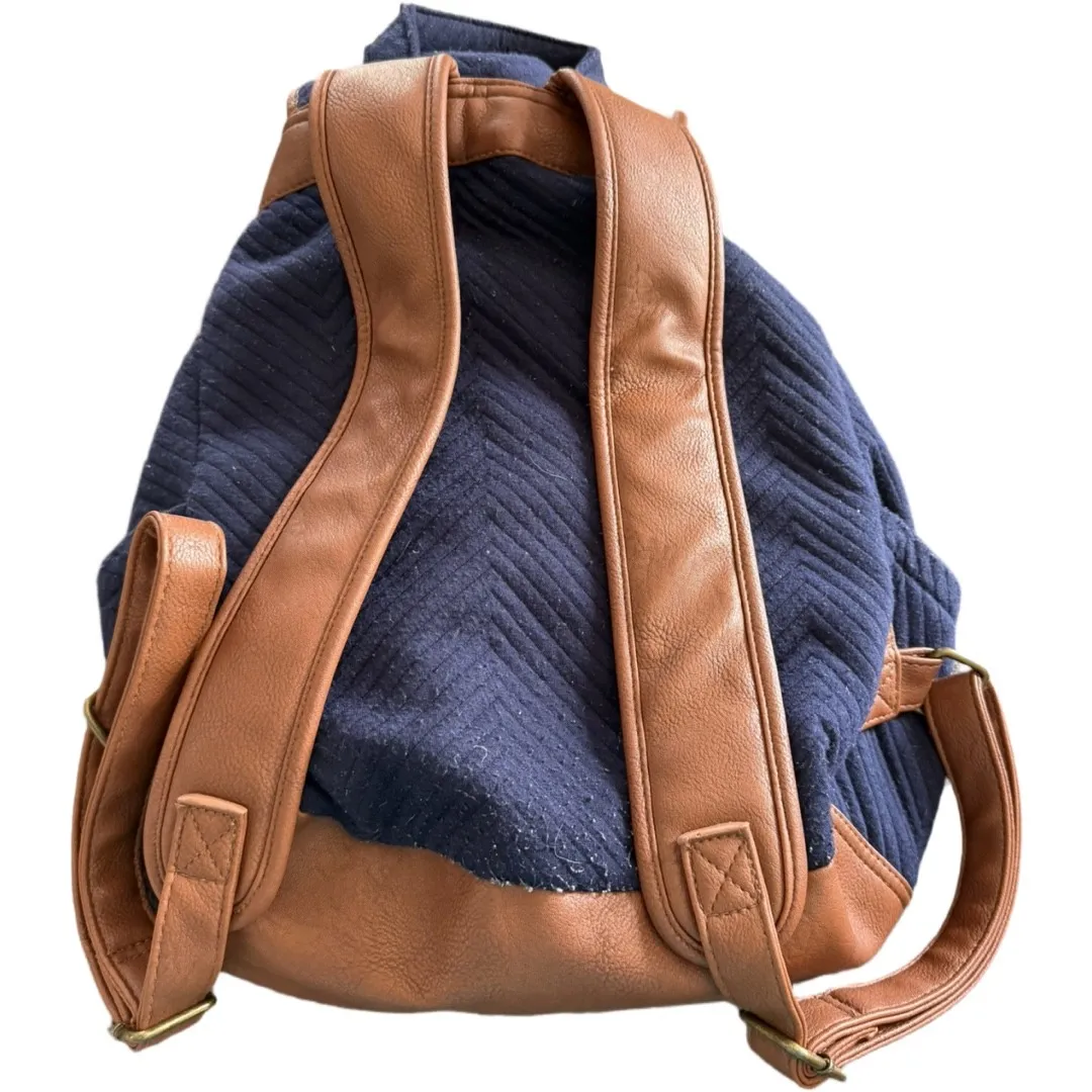 Madden Girl Quilted Lined Mini Backpack Brown Leather Navy Cotton Boho - Image 4