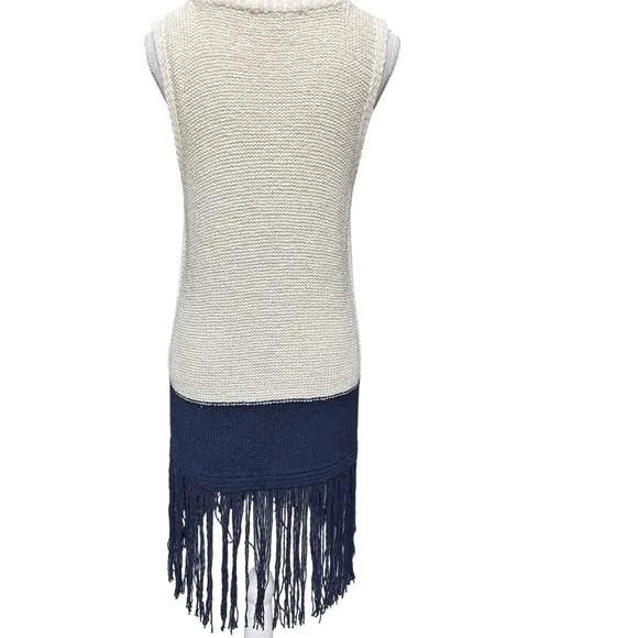 Two by Vince Camuto Women's Size M Knit Fringe Sleeveless Boho Sweater Cover Up‎ Blue Size M - Image 3