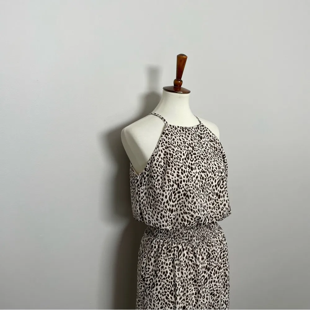 She + Sky Jumpsuit Animal Print Wide Leg High Neck Halter Black Taupe Cream - Image 2