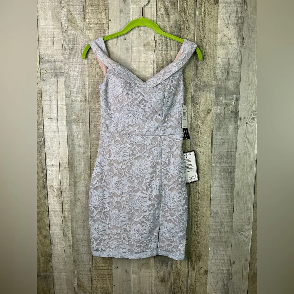 Sequin Hearts Size 7 Metallic Light Blue Over Tan Liner Padded Sleeveless Dress - Image 2