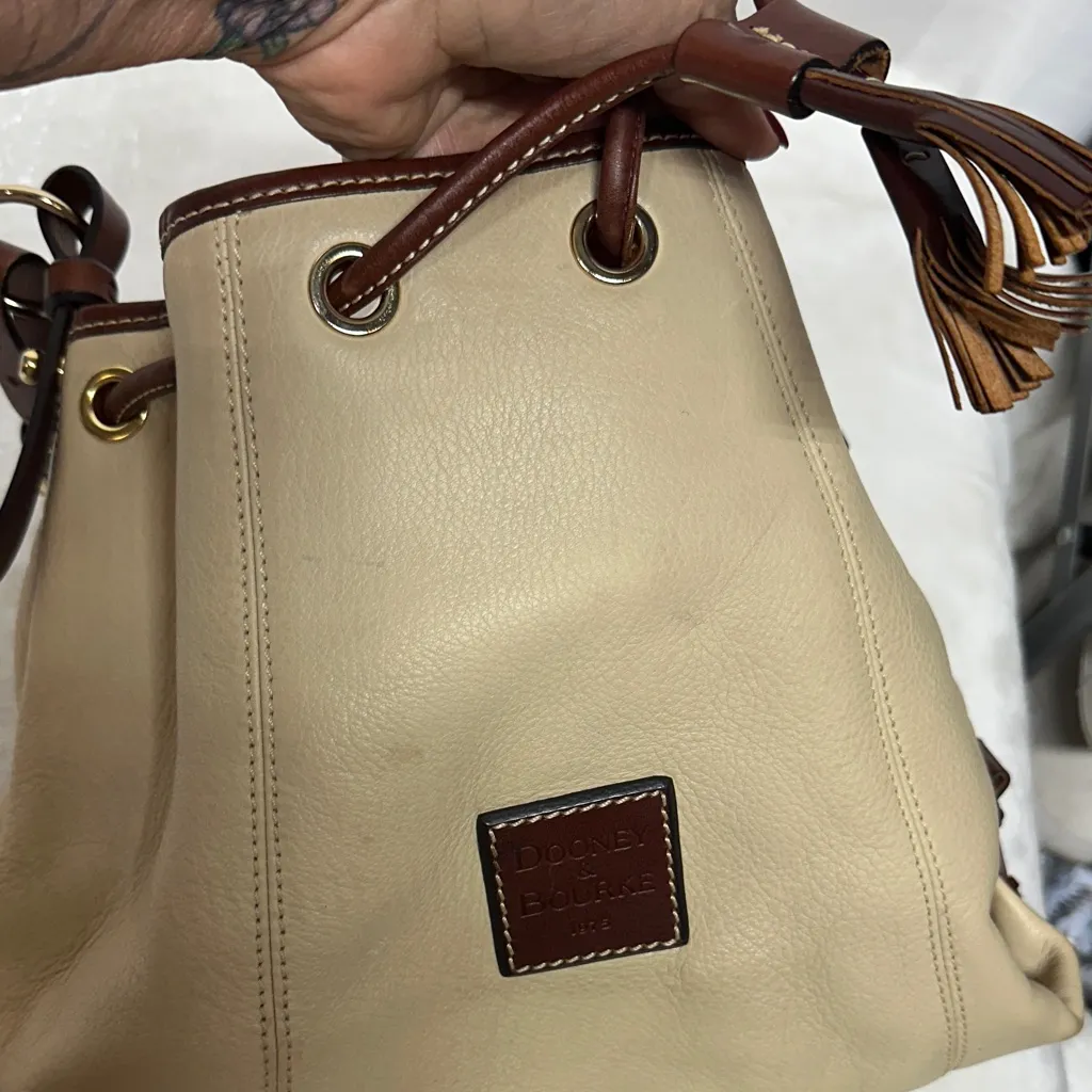 Dooney & Bourke Tan and Brown Leather Hobo Drawstring Bag - Image 15