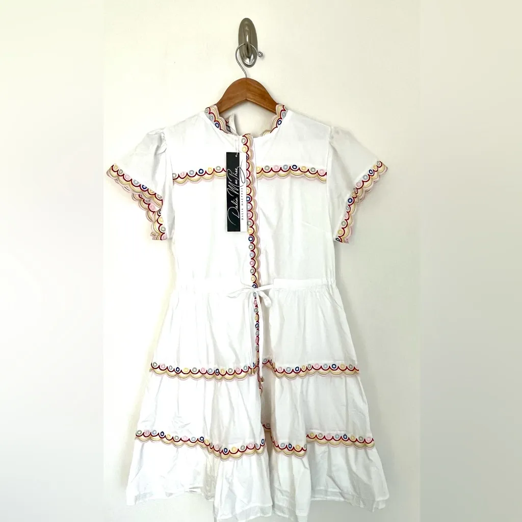 DALIA MACPHEE BNWT Scalloped Embroidered Shirt Dress Tie Waist Size M Lined White Size M - Image 8