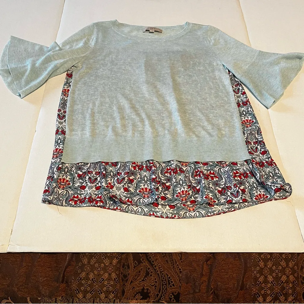 LOFT Womens Size Small Blue Green Floral Half Sleeve Sweater Top Viscose Wool‎ - Image 7