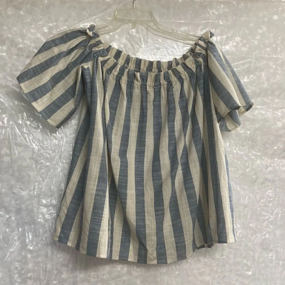 LOVE IN Women’s‎ Off/On Shoulder Top Blue & White Striped Size Small Oversized - Image 10