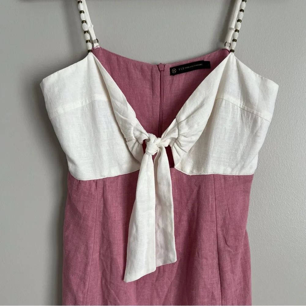 Vix Paula Hermanny Pink White Tie Front Dress Linen Blend Beach Women's Medium - Image 2