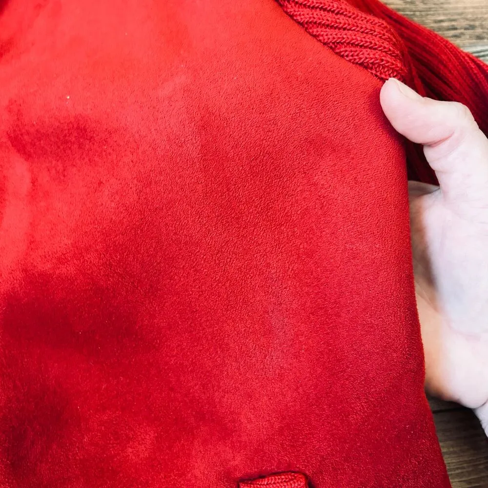 Y2K Cherry Red Faux Suede Leather Jacket Hooded Knit Vintage Faux Fur Size L - Image 10