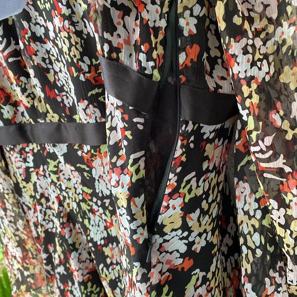 NWOT 🤎 Nine West Woman Silk Lined Silk Blouse, Ribbon Tie Choc Brown Floral 20W - Image 9