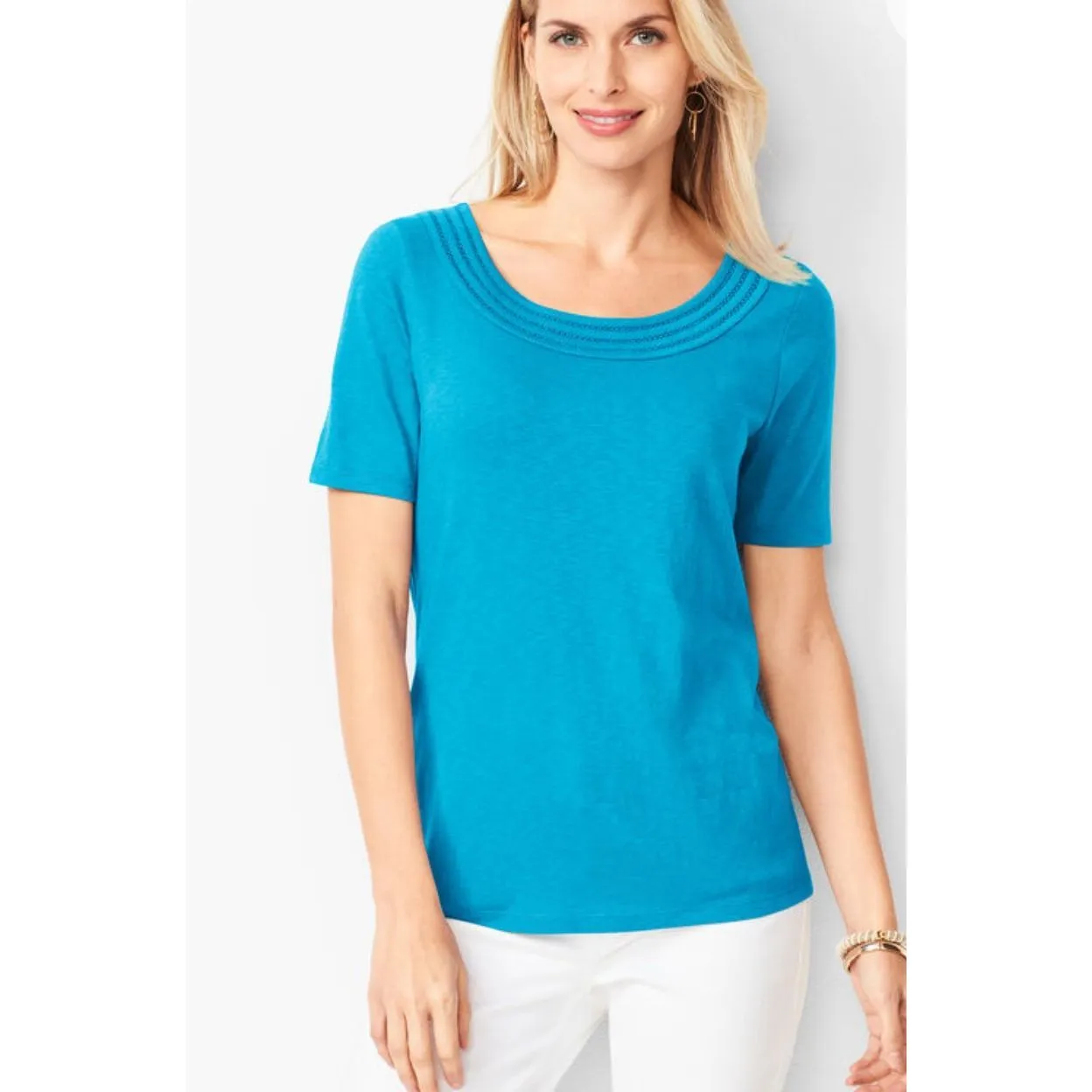 Talbots Short Sleeve Round Neck‎ LATTICE-TRIM TEE Royal Blue NWT 2XP - Image 2