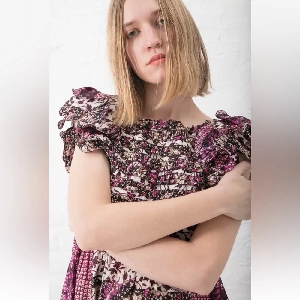 ULLA JOHNSON Zoya Ruffle Tiered‎ Floral Maxi Dress in Fuchsia Size 2 - Image 6