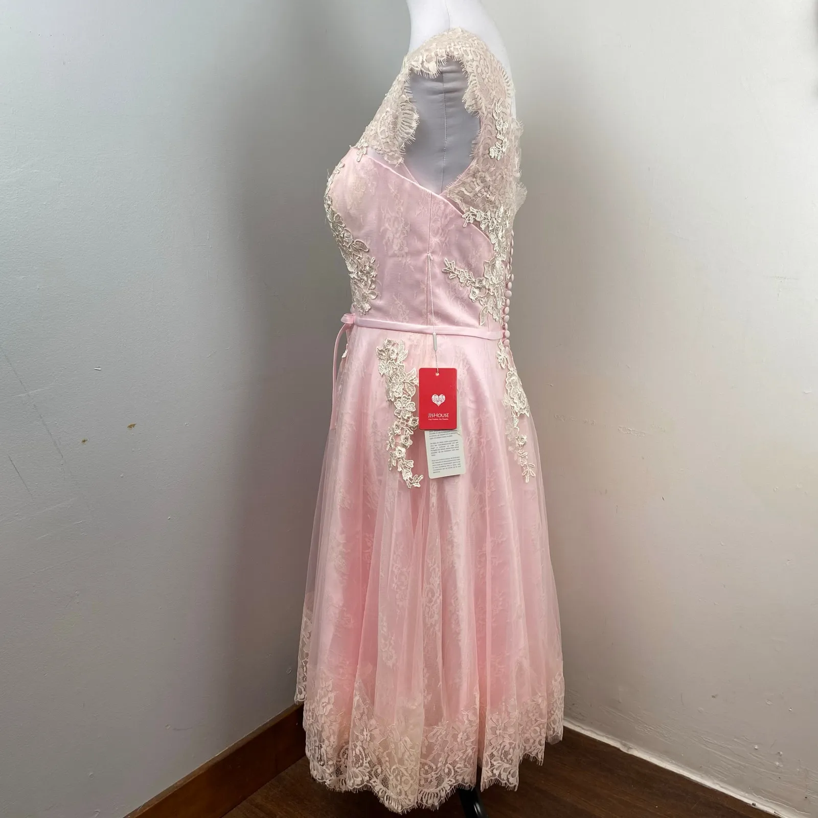 Jj’s House Blushing Pink Applique Lace Cap Sleeve Fit Flare Swing Dress Size 10 - Image 4