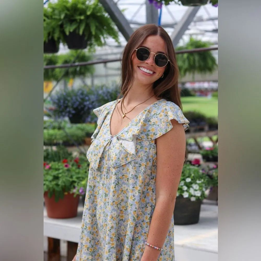 Hem & Thread NWT Peony Floral Ruffle Mini Dress Blue and Yellow Linen Size Small - Image 2