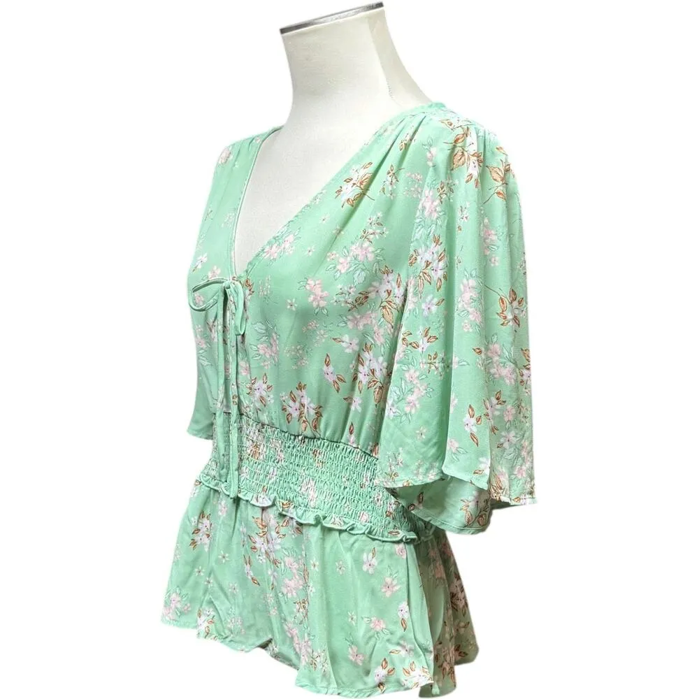 Lily White V-Neck Flowy Top Floral Green Pink XL - Image 3