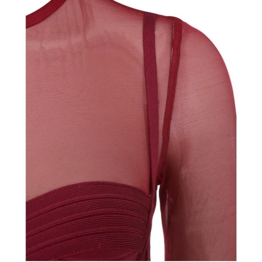 HOUSE OF CB Noelle Wine Bandage Mesh Dress - Image 4