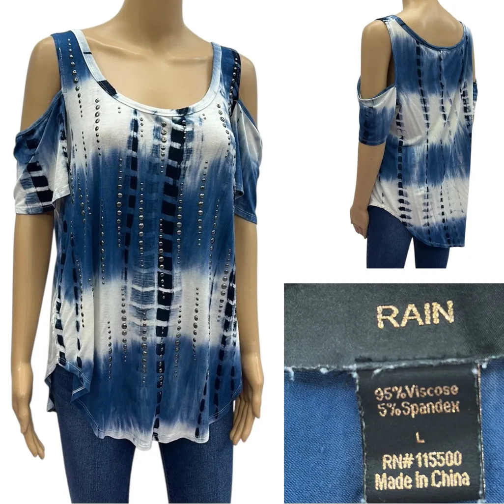 Rain Tie Dye Blue White Studded Asymmetrical Hem Cold Shoulder Tunic Top Size L Size L - Image 2