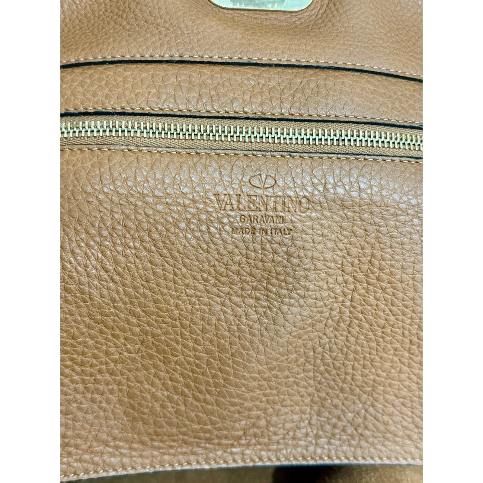 Valentino Light Leather Pebbled Calfskin Rockstud Tote Bag Brown Medium - Image 9