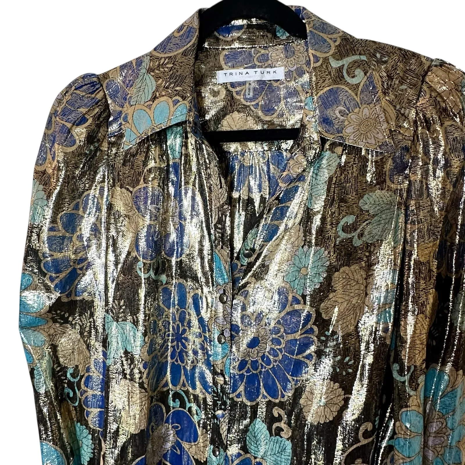 Trina Turk Women's Metallic Button Up Blouse in Nihan Blue Multi - Image 5
