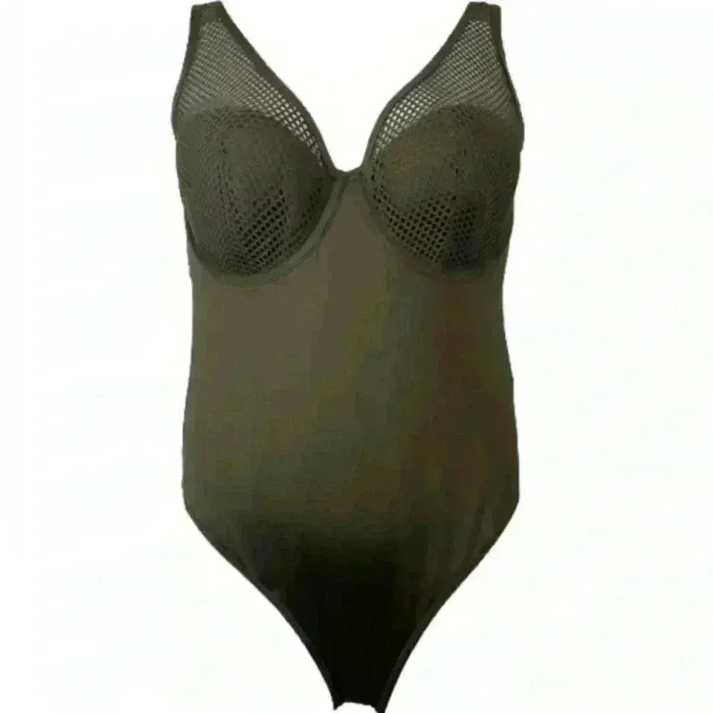 City Chic Women’s Olive Green Ithaca Mesh V Neck One‎ Piece Swimsuit Size L - Image 9