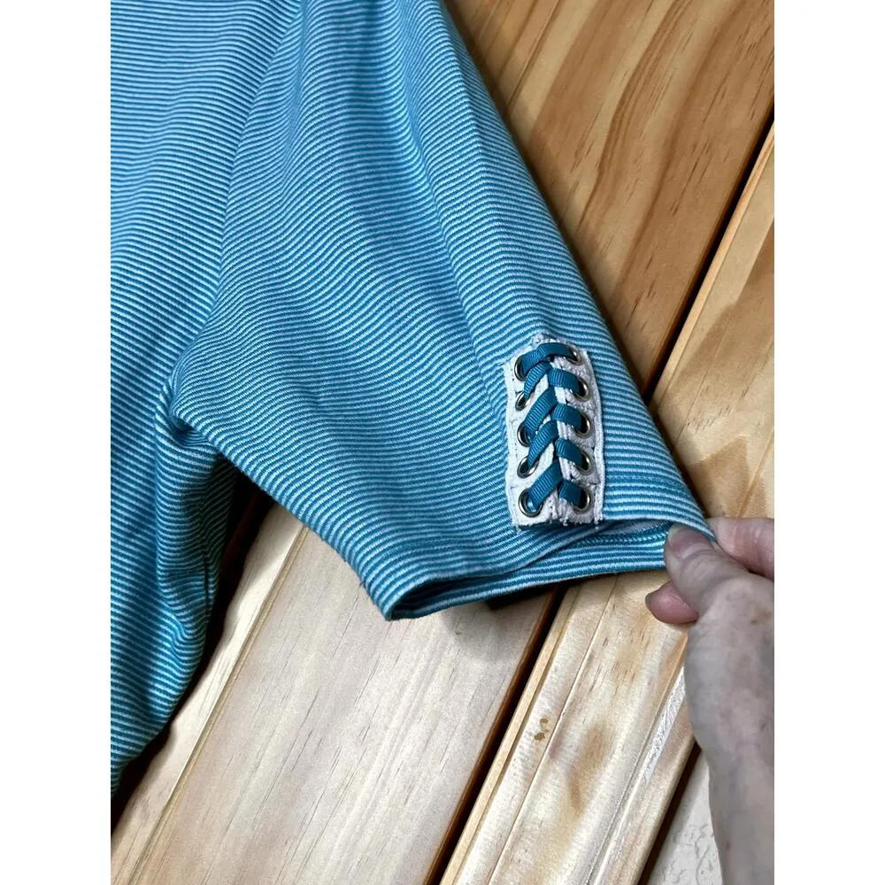 Chico's womens size 3 top blue/white pinstripe short sleeve scoop neck summer - Image 3