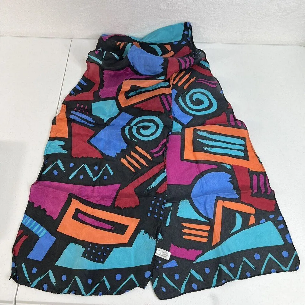 Vintage 100% Silk Rectangle Scarf Retro 90’s Print Preppy Chic Groovy Colorful - Image 2