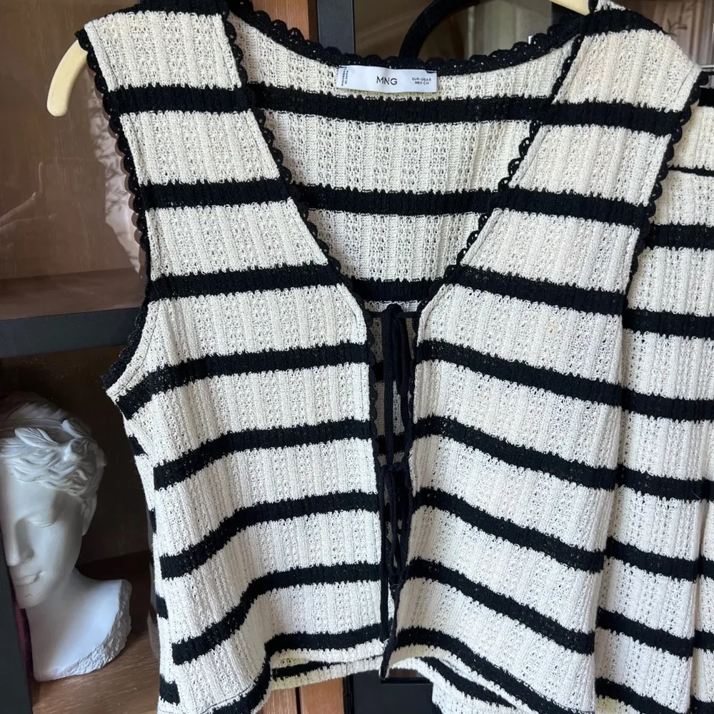 Mango  knit set tie front top pants striped white black cream sleeveless long - Image 6