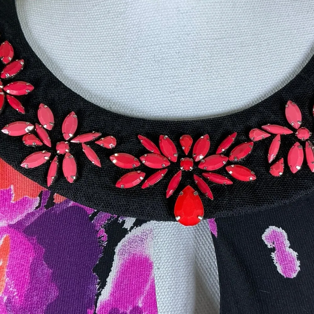 Sandra Darren Dress Beaded Keyhole Watercolor Floral Slip On Black Pink Size 12 - Image 8