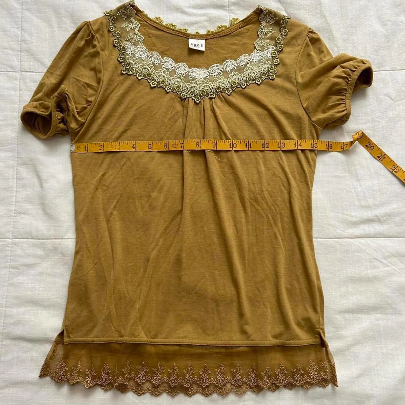 Axes Femme mustard yellow short sleeve tee with lace bib detailing Size medium - Image 5