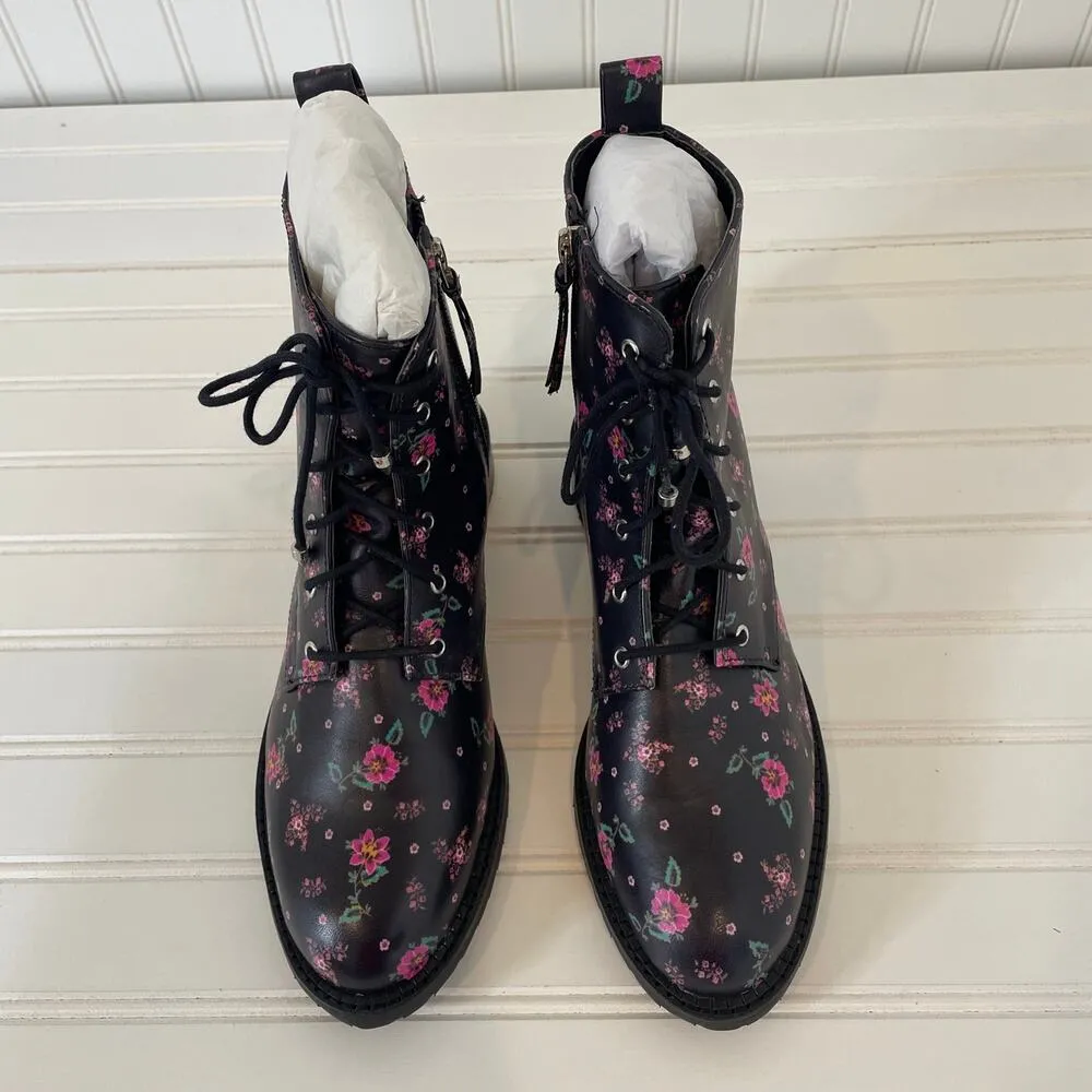 NWT Rebecca Minkoff Black & Pink Ditsy Floral Nappa Gerry Combat Boots Size 9.5 - Image 2