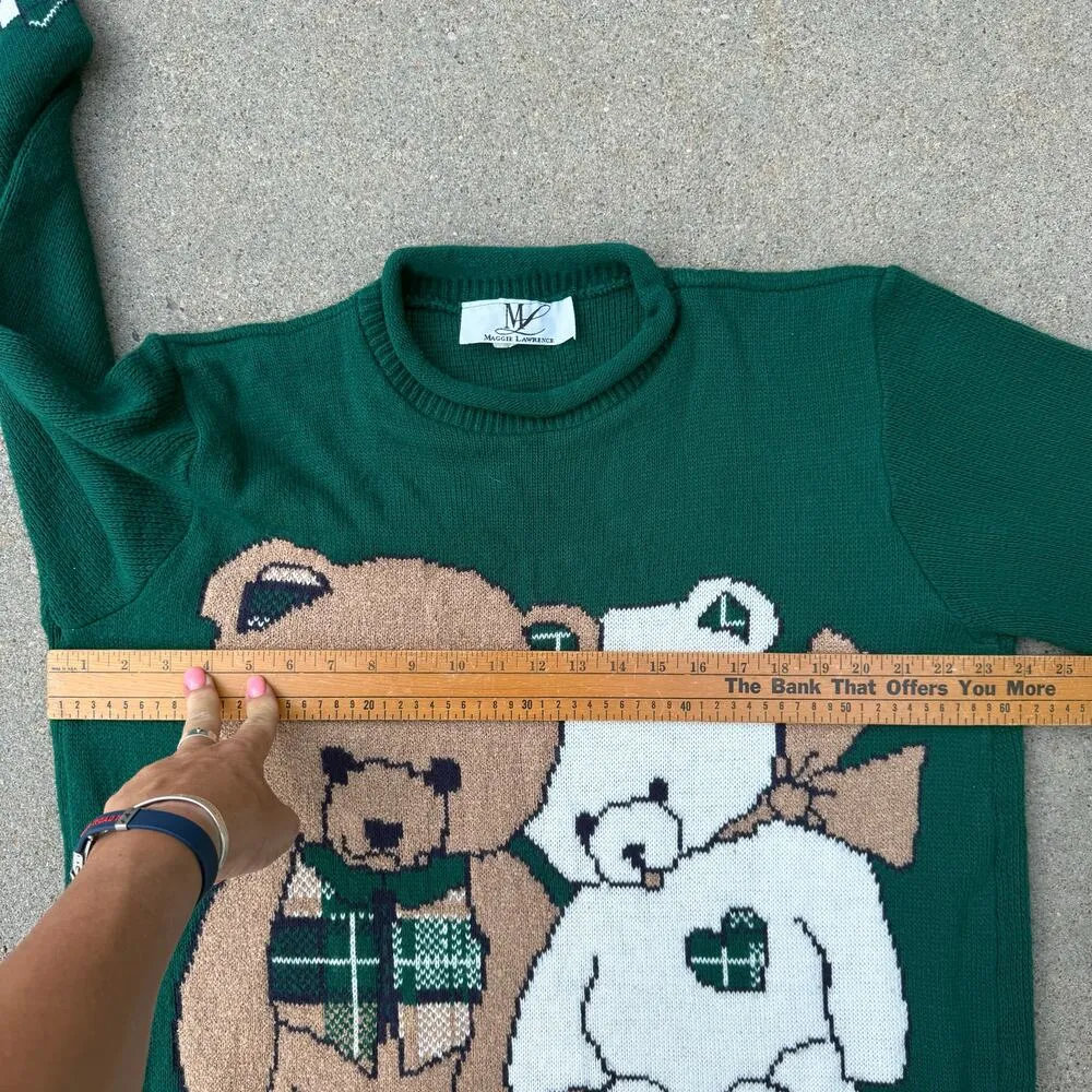 Vintage 80s 90s Maggie Lawrence Teddy Bear Sweater Green Plaid Crewneck XL? - Image 10
