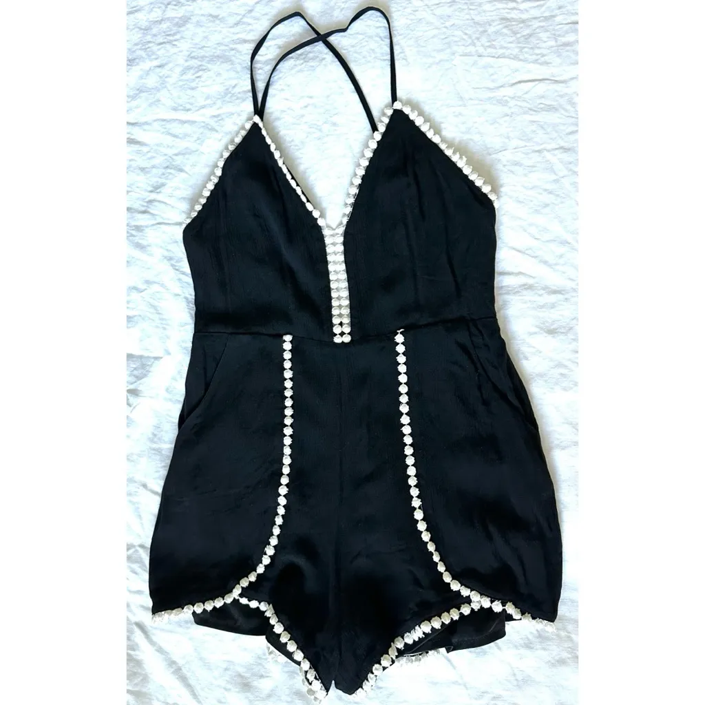Tea & Cup Black & White Pom Pom Romper Size M - Image 3
