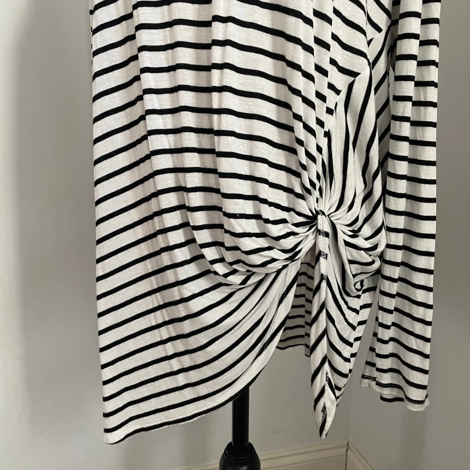 Striped Long Sleeve Twist Front Tunic Medium Black White French Minimalist Shirt - Image 3