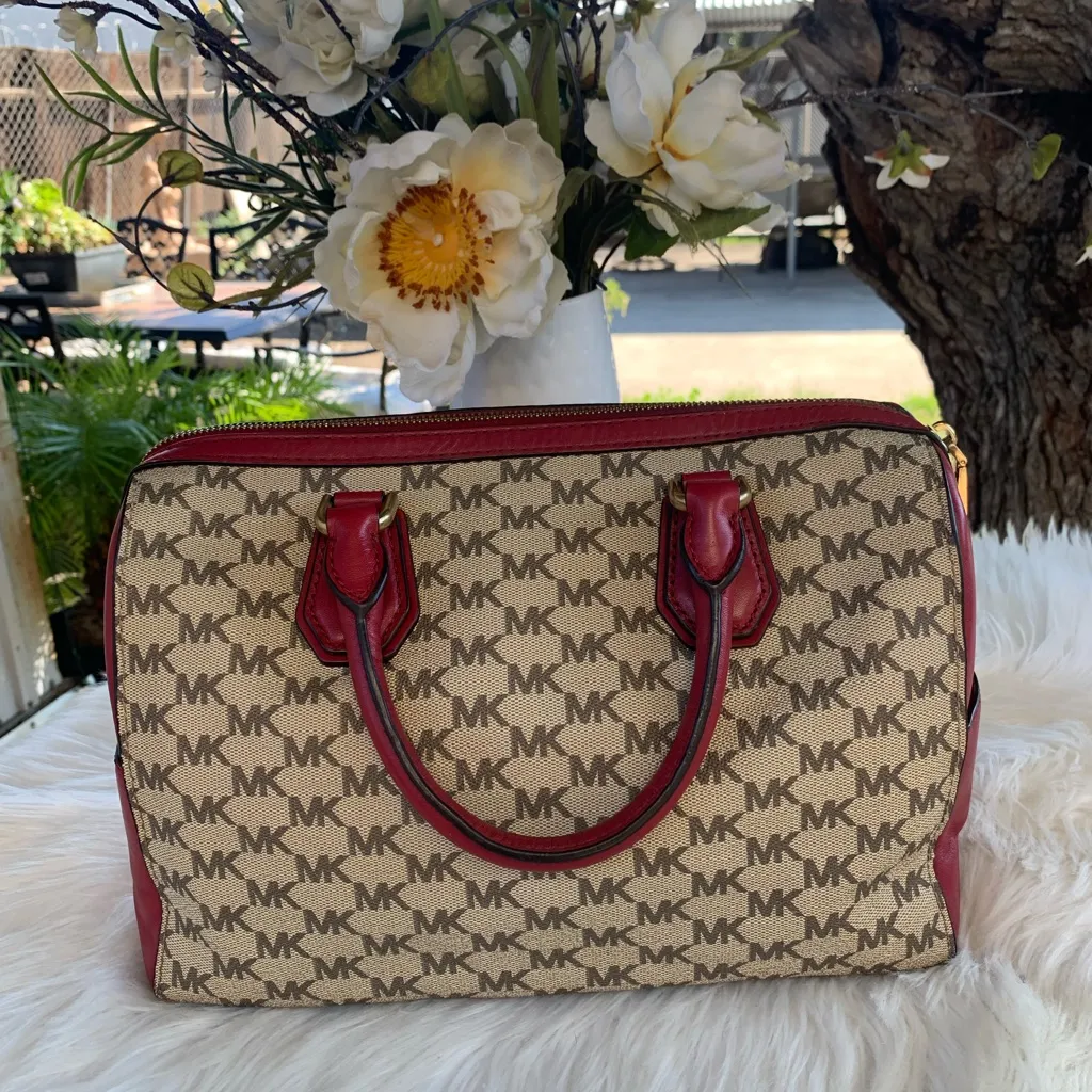 Michael Kors Mercer Medium Duffle Satchel  Cherry Red/Tan Leather - Image 4