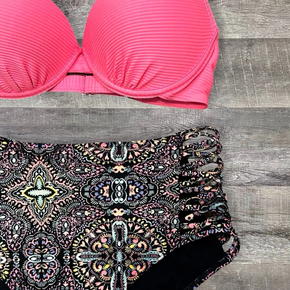 Ron Jon Bikini Push Up Pink Top S & Strappy Side High Waist Bottoms M - Image 8