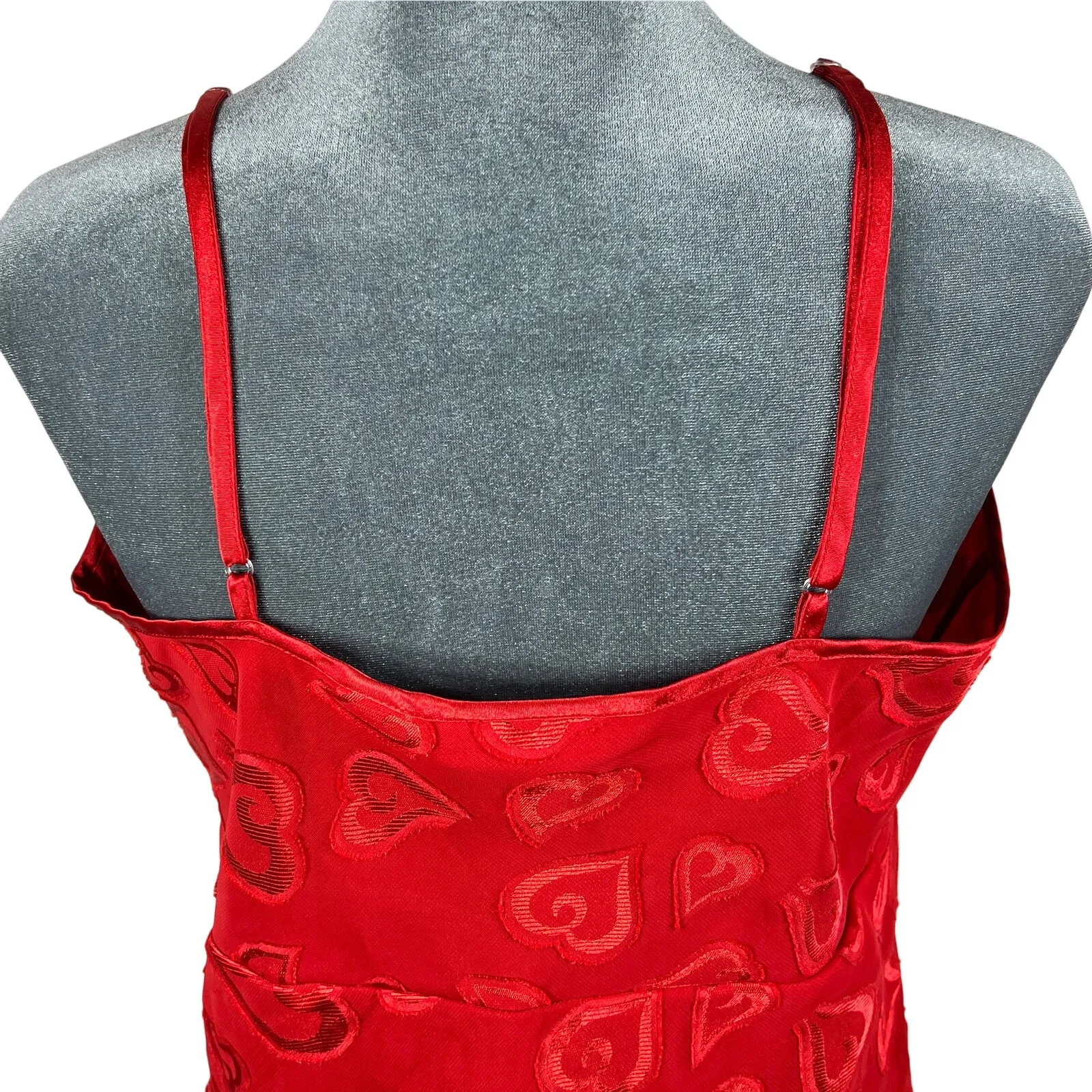 Y2K Babydoll Camisole Tank Top Medium Red Textured Hearts Mesh Overlay Satin Vtg - Image 5